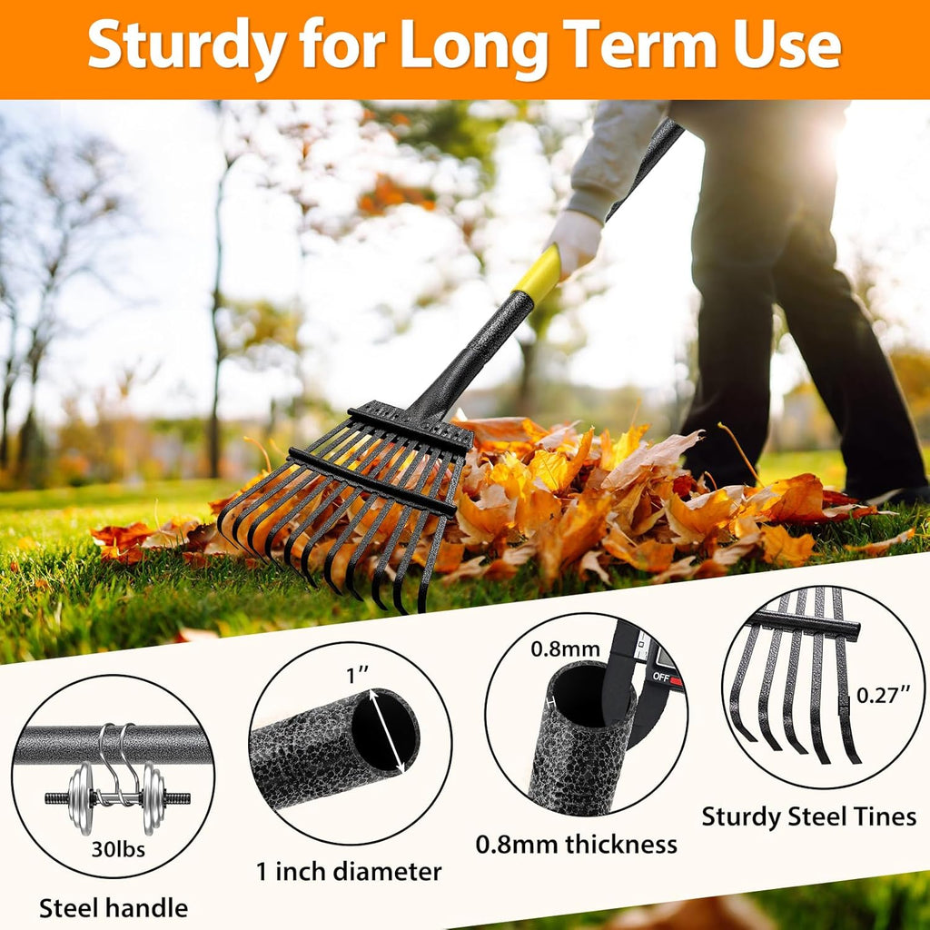 Garden Rake for Leaves, 65 inch Long Rake, 11 Tines Small Narrow Rake, Heavy Duty Metal Leaf Rakes with Adjustable Steel Handle for Lawns Yard Flower Bed Grass Mulch Shrub Camping Gardening