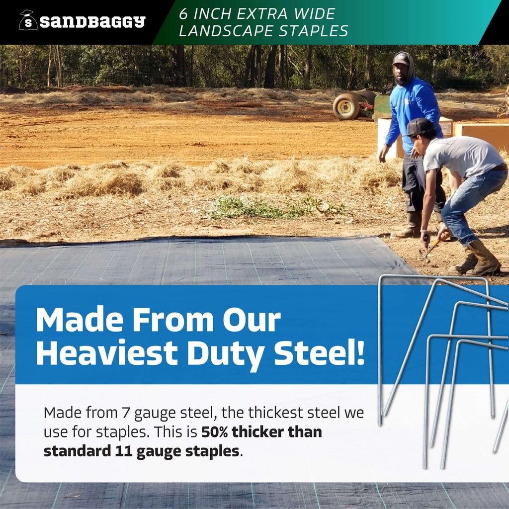 Sandbaggy 6" Wide Landscape Staples - Extra Heavy Duty: 7 Gauge Galvanized Steel - Hold Down Pipes, Landscape Fabric, Ground Cover, Erosion Control Netting, Sod, & Turf (300, 6" W x 8" L)