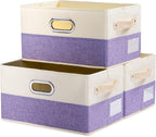 PRANDOM Large Fodable Storage Bins for Closet [3-Pack] Decorative Fabric Storage Baskets Cubes with Leather/Metal Handles for Shelves Bedroom Living Room Purple&Cream (14.9x9.8x8.3 Inch)