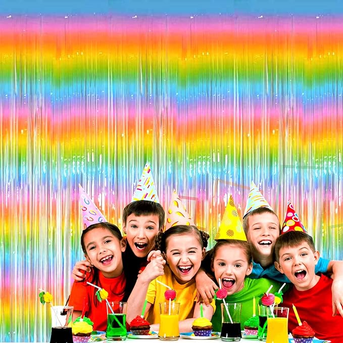 4 Pack Macaron Rainbow Foil Fringe Curtain Backdrop, 3.28Ft x 8.2Ft Metallic Tinsel Foil Fringe Streamer Curtains for Photo Booth, Birthday, Wedding, New Year’s, Easter Decorations Party Supplies