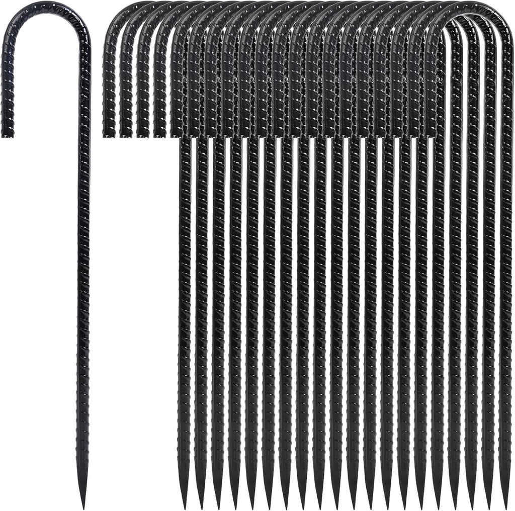 12 Inch Heavy Duty Rebar Stakes, 20-Pack Galvanized Steel J Hook Tent Stakes for Outdoor Decorations, Inflatables, Fencing, Gardening, Gazebo and Swing Set Anchors