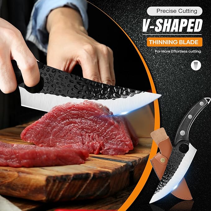 ZENG Butcher Knife Hand Forged Boning Knife with Sheath Viking Style, High Carbon Steel Japanese Chef Knife Meat Cleaver Knife for Kitchen, Camping, Outdoor, BBQ