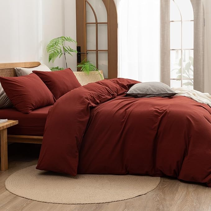 BESTOUCH Duvet Cover Set 100% Washed Cotton Linen Feel Super Soft Comfortable Chic Lightweight 2 PCs Home Bedding Set Solid Fired Brick Red Twin/Twin XL