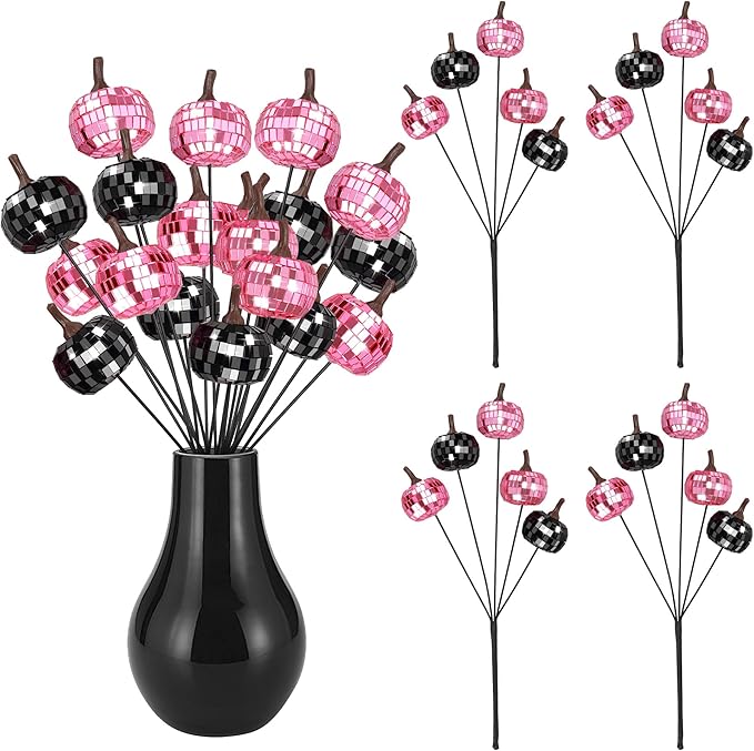 20Pcs Disco Halloween Decor, Disco Pumpkin Table Decoration, 14 Inch Artificial Glitter Mirror Pumpkin Sticks Ornament Halloween Branches for Table Centerpiece Party Decor