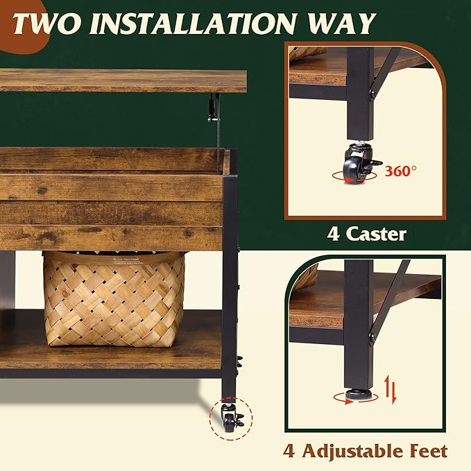 WLIVE Coffee Table, 41.3" Lift Top Coffee Table with 4 Wheels, Hidden Compartment, Storage Shelf and Lift Tabletop for Living Room, Reception Room, Rustic Brown