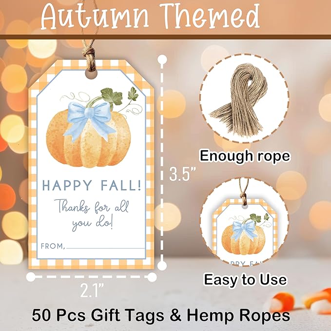 50 Pcs Fall Gift Tags, 2.1"×3.5" Thank You Gift Tags for Party Favors, Pumpkin Happy Fall Thanksgiving Gifts Tags for Party Favor - B10