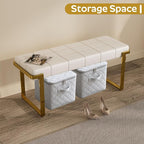 Upholstered Dining Bench, 44.29 Inch Leather Upholstered Bedroom Benches, Entryway Bench for Living Room Kitchen Dining Room(White&Gold)