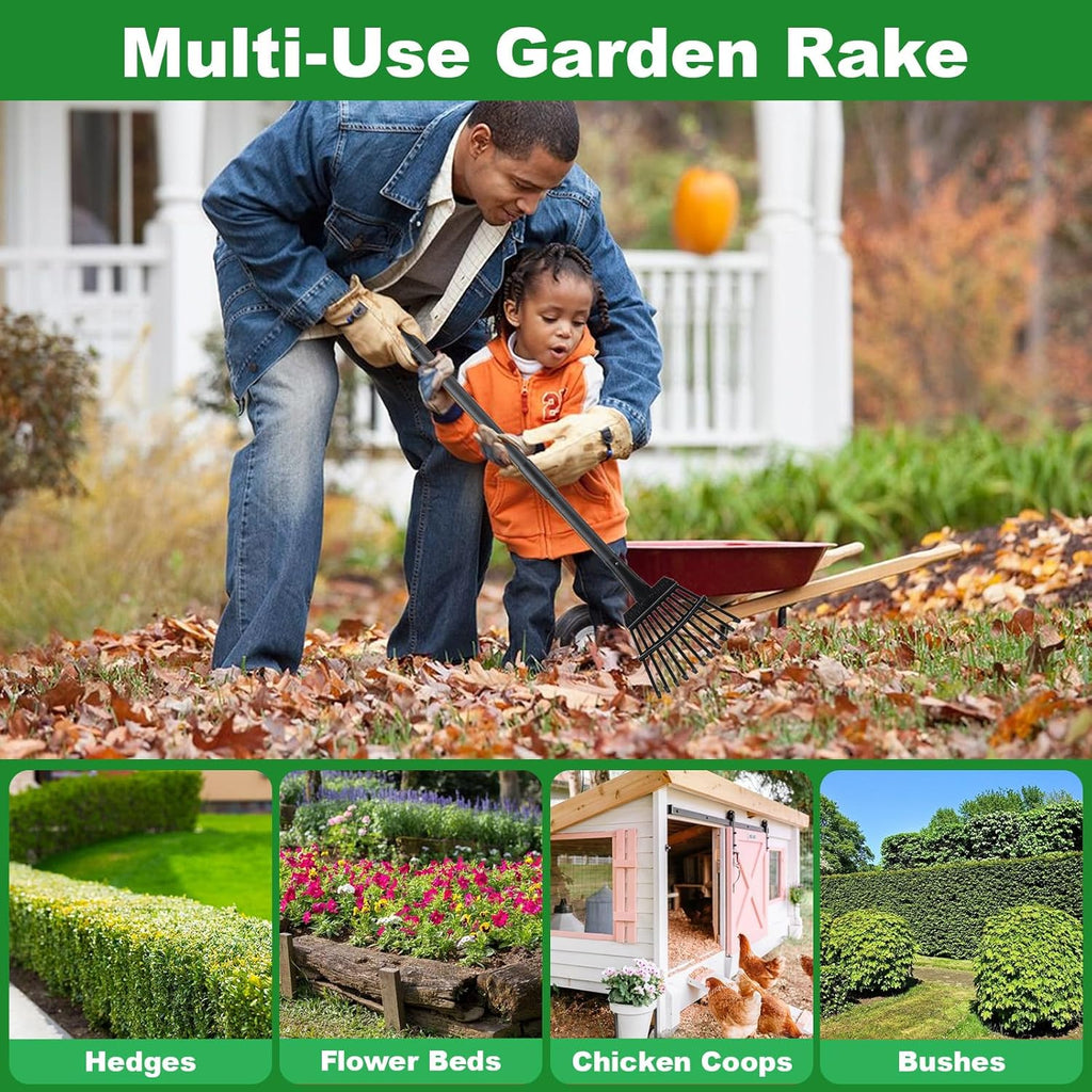 Rake for Leaves Small Metal Garden Tool with 11 Tines 63 Inch Adjustable Handle Sturdy Yard Rake for Gardening Gathering Leaves Weeds Debris, Black