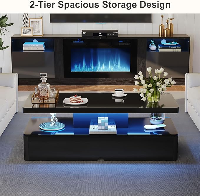 MXV Modern Coffee Table, 47 Inches Coffee Tables with 16 Colors LED Lights, 2 Tier Rectangular Center Table, Large Storage Space, High Glossy Wooden Tea Table for Living Room, Bedroom, Office, Black