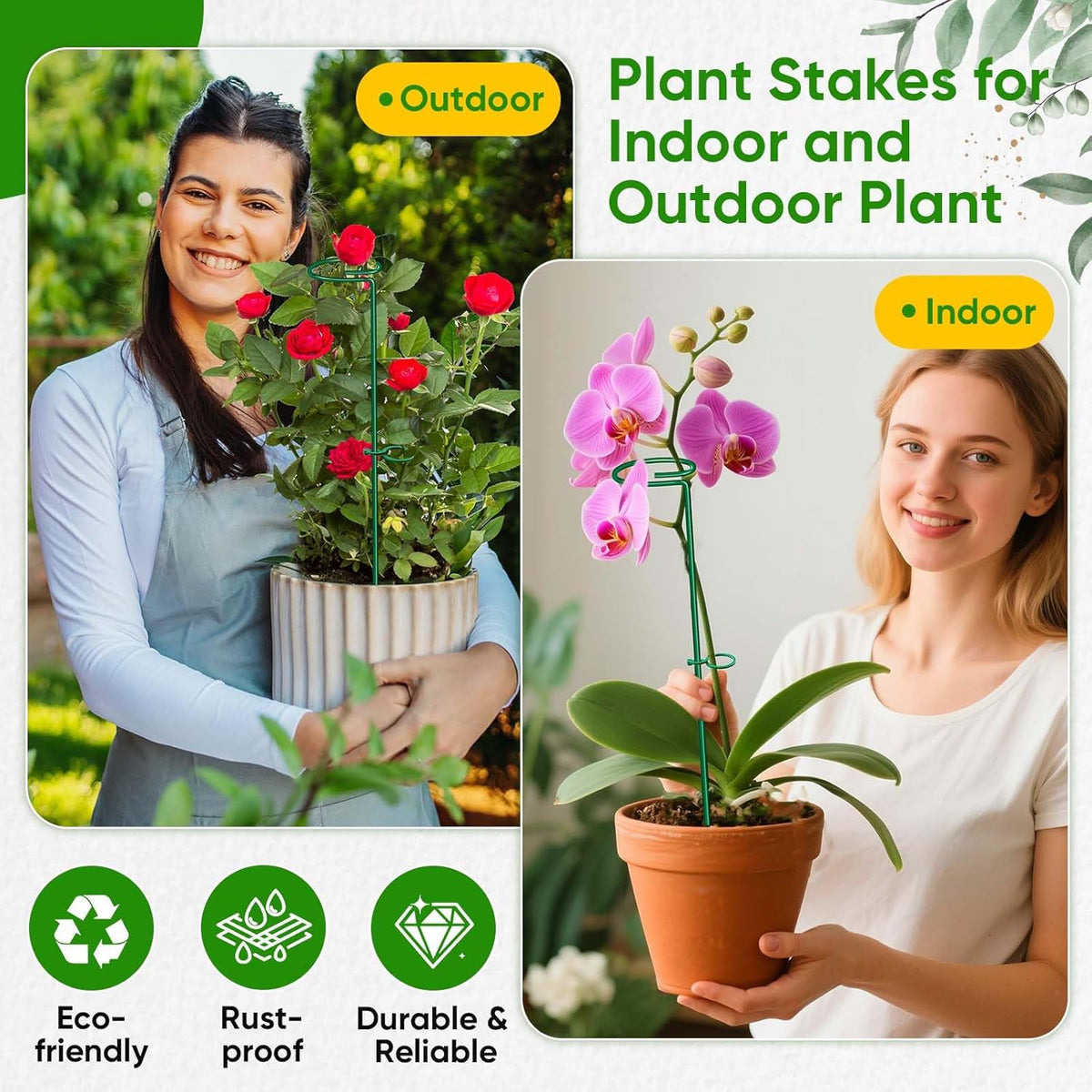 HiGift 17 inch Plant Support Stakes, 4mm Thick Garden Single Stem Flower Support Stake Amaryllis Plant Cage Support Rings with 10 pcs Plant Clips for Tomato Orchid Lily Peony Rose Flower Stem-5 Pack