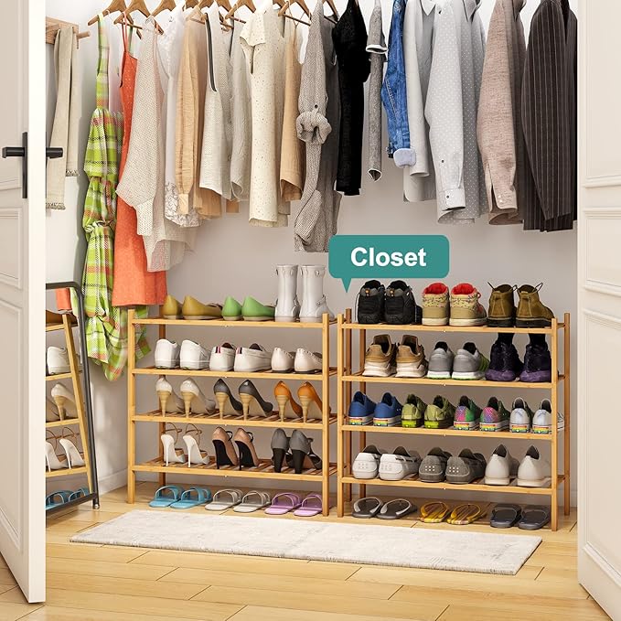 4-Tier Bamboo Shoe Rack for Entryway, Stackable | Foldable | Natural, Shoe Organizer for Hallway Closet, Free Standing Shoe Racks for Indoor Outdoor