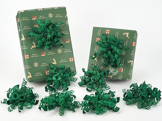 HUIHUANG Green Christmas Bows for Gift Wrapping Curly Gift Bow 5 inch x 8 Counts Forest Green Self-Adhesive Xmas Bows for Presents, Paper Bag, Party Favors, Wrapping Accessories