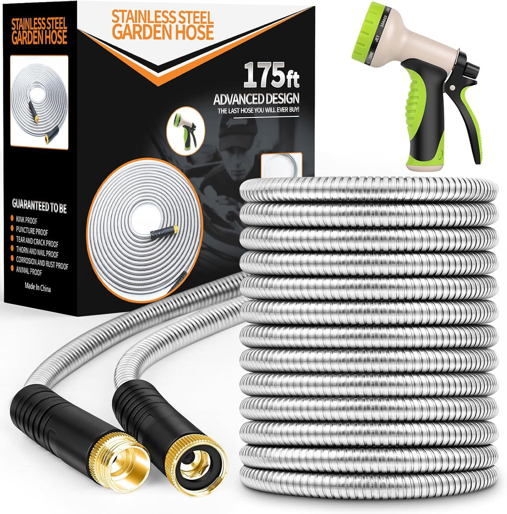 Garden Hose 175ft, Stainless Steel Heavy Duty Water Hose with 10 Function Nozzle Flexible, Lightweight, No-Kink, Pet Proof, Puncture Proof Metal Hose for Yard, Outdoor