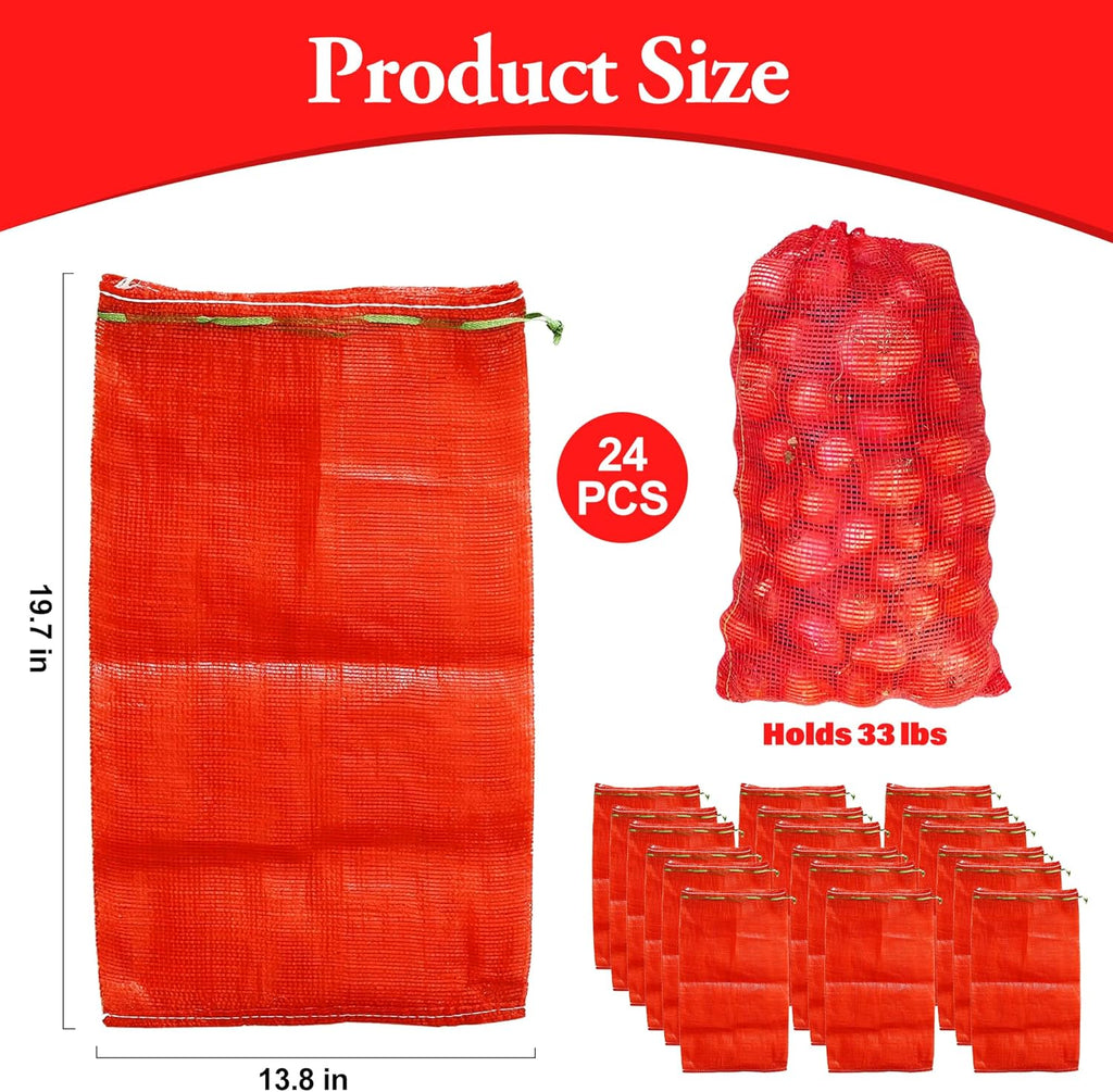 24 Pack 20'' x 14'' Mesh Onion Bags, Reusable Drawstring Fresh Produce Storage Bags for Onions, Vegetables, Potatoes, Citrus, Crawfish Firewood