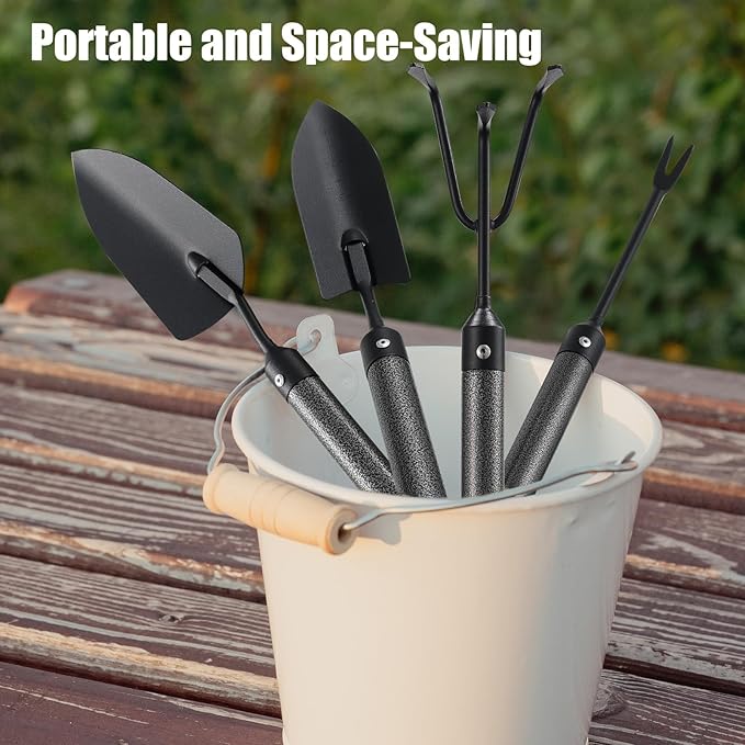 Garden Tool Set with Extended Long Handle, 5 Pieces Stainless Steel Gardening Tool Kit, Gifts for Parents and Kids Including Trowels, Hand rake, Weeder, Pruning Shears for Weeding Planting