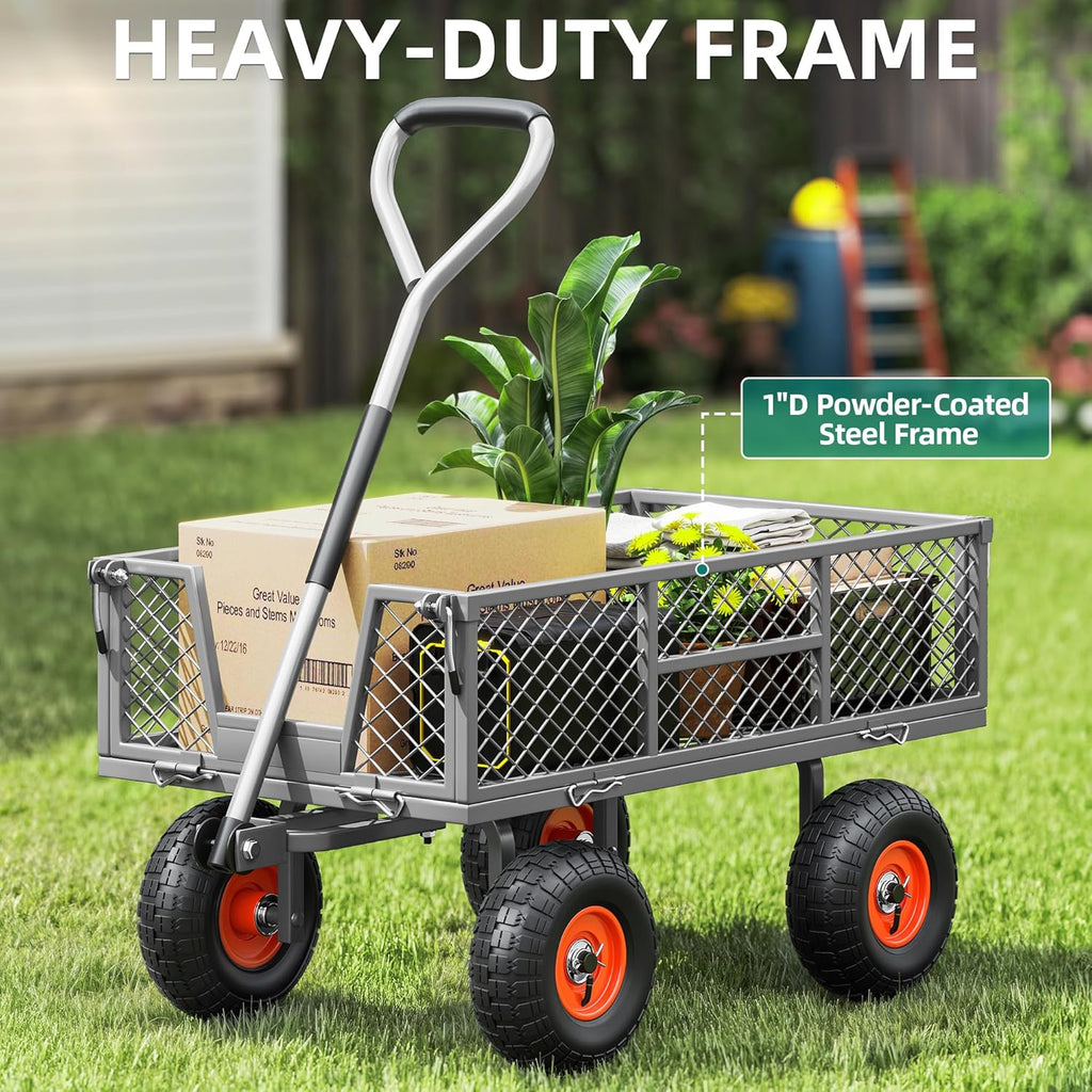 Heavy Duty 900 lbs Capacity Mesh Steel Garden Cart - 10" Pneumatic Tires, 180° Rotating Handle, Removable Sides, 4 CU'FT Utility Wagon for Yard & Garden Christmas Hauling