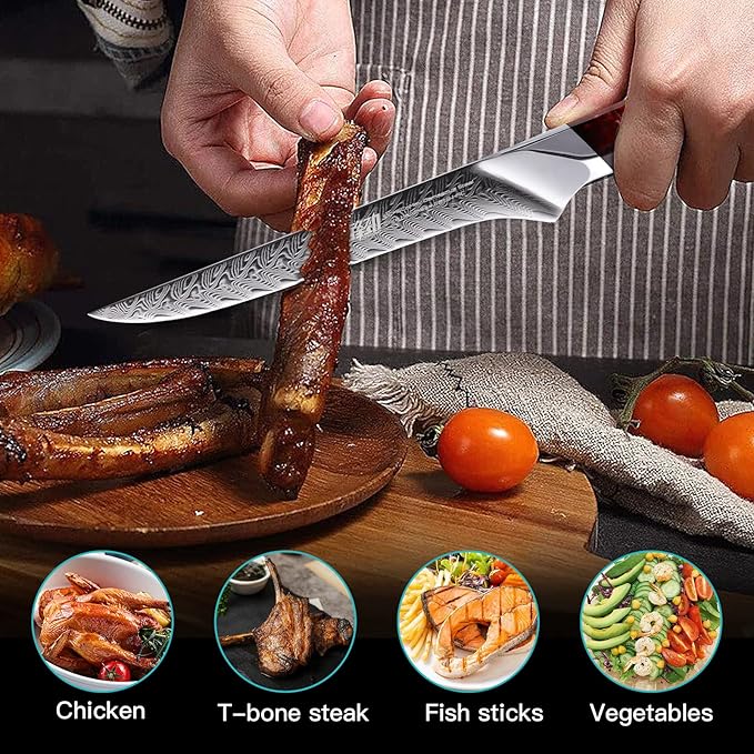 FINDKING Nebula Series Boning Knife, Versatile Deboning Knife, 10Cr15CoMov Damascus Steel Blade, Resin and Figured Sycamore Handle, Full Tang, 5.5 Inch, Red, for Skinning, Removing Fat, Filleting