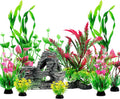 Fish Tank Accessories Aquarium Plants, 12pcs Colorful Fish Tank Artificial Plants and Cave Rock Decor Set, Aquarium Decorations Plants