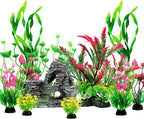 Fish Tank Accessories Aquarium Plants, 12pcs Colorful Fish Tank Artificial Plants and Cave Rock Decor Set, Aquarium Decorations Plants