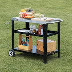 Royal Gourmet PC3404S Rolling Dining Table with Trash Bag Holder, Outdoor Garden Patio BBQ Kitchen Food Prep Table Cart, 34"L x 20"W Stainless Steel Tabletop, Silver & Black