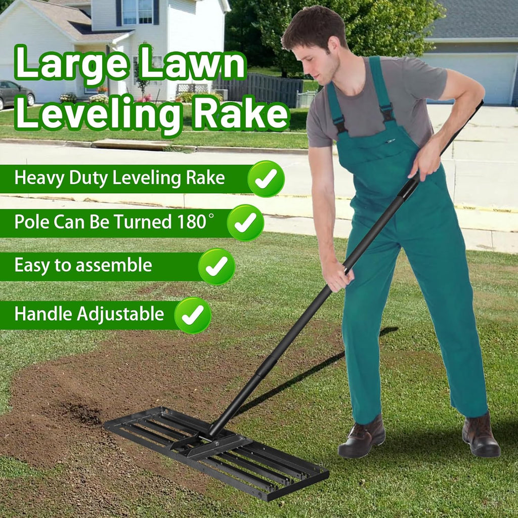 Lawn Leveling Rake 34"x9.5",Lawn Leveling Tool with 68" Long Adjustable Stainless Steel Handle for Leveling Soil,Grass,Sand or Dirt,Heavy Duty Lawn Leveler for Backyard,Garden,Golf Course,Farm,Pasture