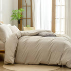 BESTOUCH Duvet Cover Set 100% Washed Cotton Linen Feel Super Soft Comfortable Chic Lightweight 3 PCs Home Bedding Set Solid Almond Milk Grey Oversized Full