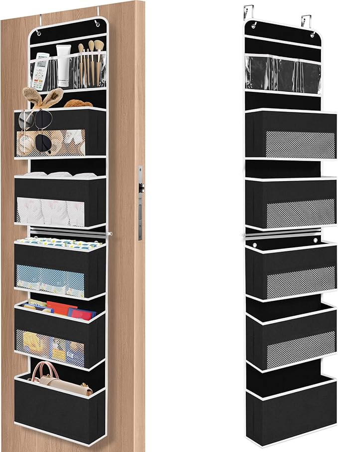 6-Tier Over The Door Organizer Hanging Storage Organizers with Clear Window 40lb Large Capacity Room Organizer for Pantry Bathroom Nursery Closet(Black)