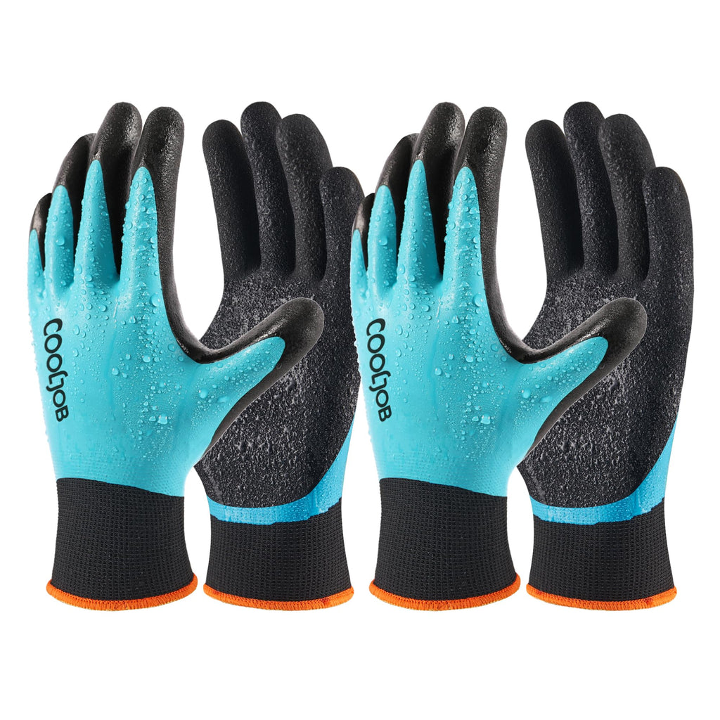 COOLJOB Waterproof Gardening Work Gloves with grip for Women & Men, Double Rubber Coated for Garden Yard Outdoor Construction Worker, Blue Large Size 2 Pairs