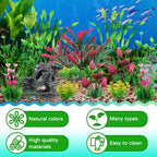 Fish Tank Accessories Aquarium Plants, 12pcs Colorful Fish Tank Artificial Plants and Cave Rock Decor Set, Aquarium Decorations Plants