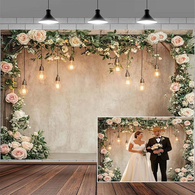 20x10ft Country Wedding Photography Backdrop Floral Rustic Roses Farmhouse Wooden Door Backdrop Pink Flower Birthday Baby Shower Wedding Bridal Party Banner Photo Booth Props Anniversary Background