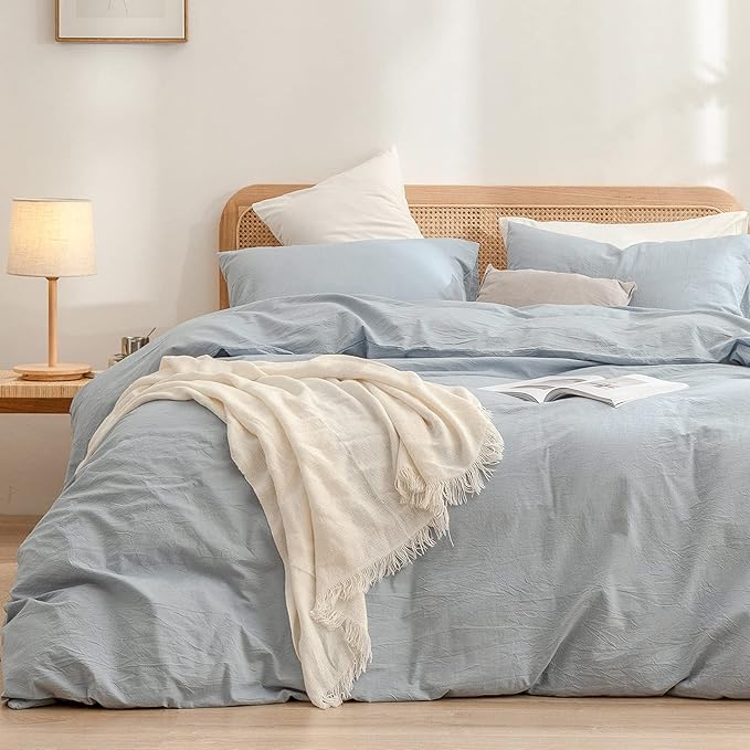 BESTOUCH Duvet Cover Set 100% Washed Cotton Linen Feel Super Soft Comfortable Chic Lightweight 3 PCs Home Bedding Set Solid Cornflower Blue Super King Plus