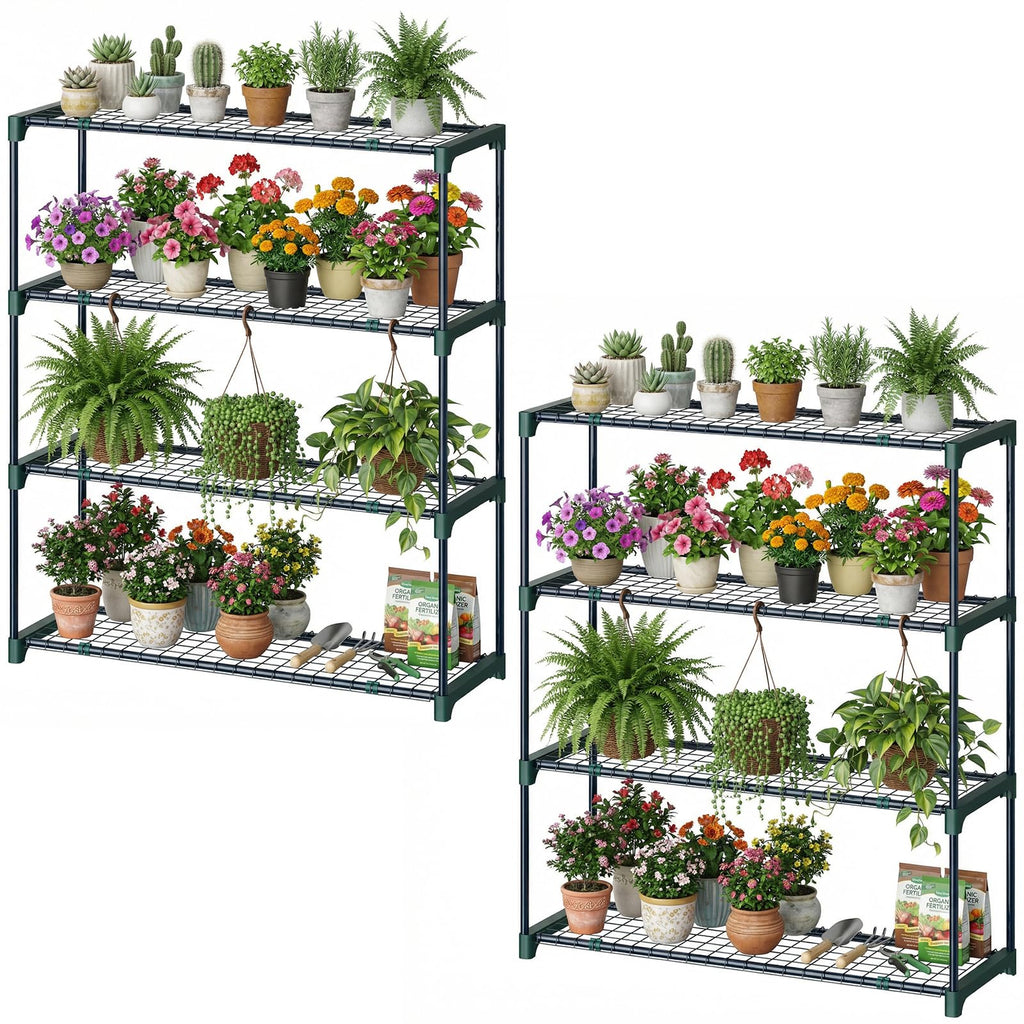 Ohuhu Plant Greenhouse Shelves 4 Tier 2 Pack Extra-Wide Stable Green House Shelving for Outdoor, 35x12x42 Inch Portable Rustproof Metal Shelf Plant Stand Rack Greenhouse Accessories