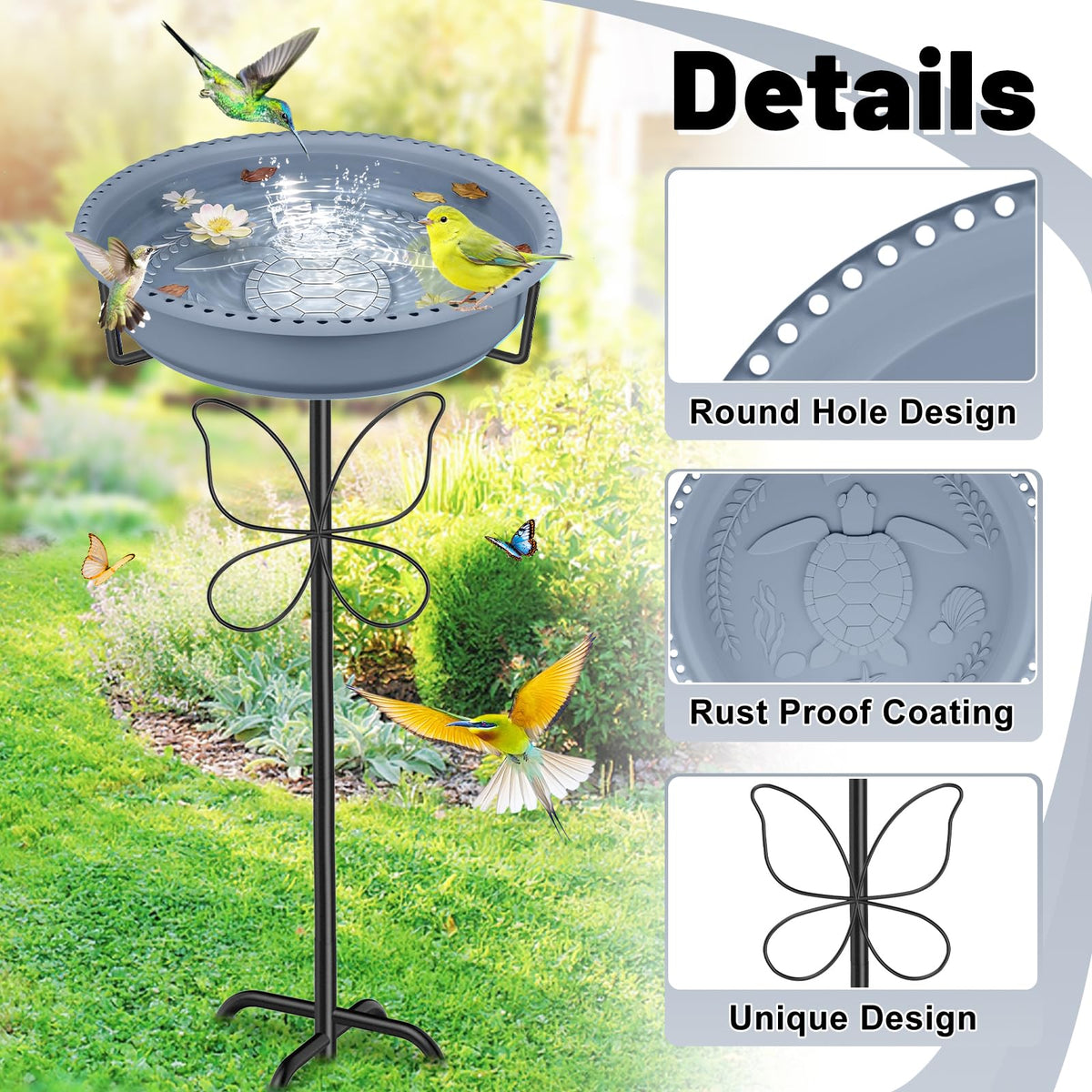 YOADEHOA Bird Bath for Outside, Garden Freestanding Birdbath & Birdfeeder with Removable Bowl, Bird Baths Feeder for Outdoors Garden Patio Yard Lawn Decor, 5-Pronged Base & Easy to Clean(Grey)