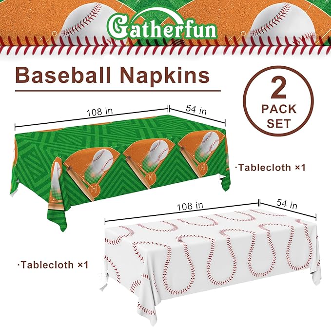 Gatherfun Baseball Party Supplies: 2-Pack Baseball Birthday Decorations with Disposable Plastic Tablecloth - Table Cover for Baseball Games & Parties, 54 x 108 Inch