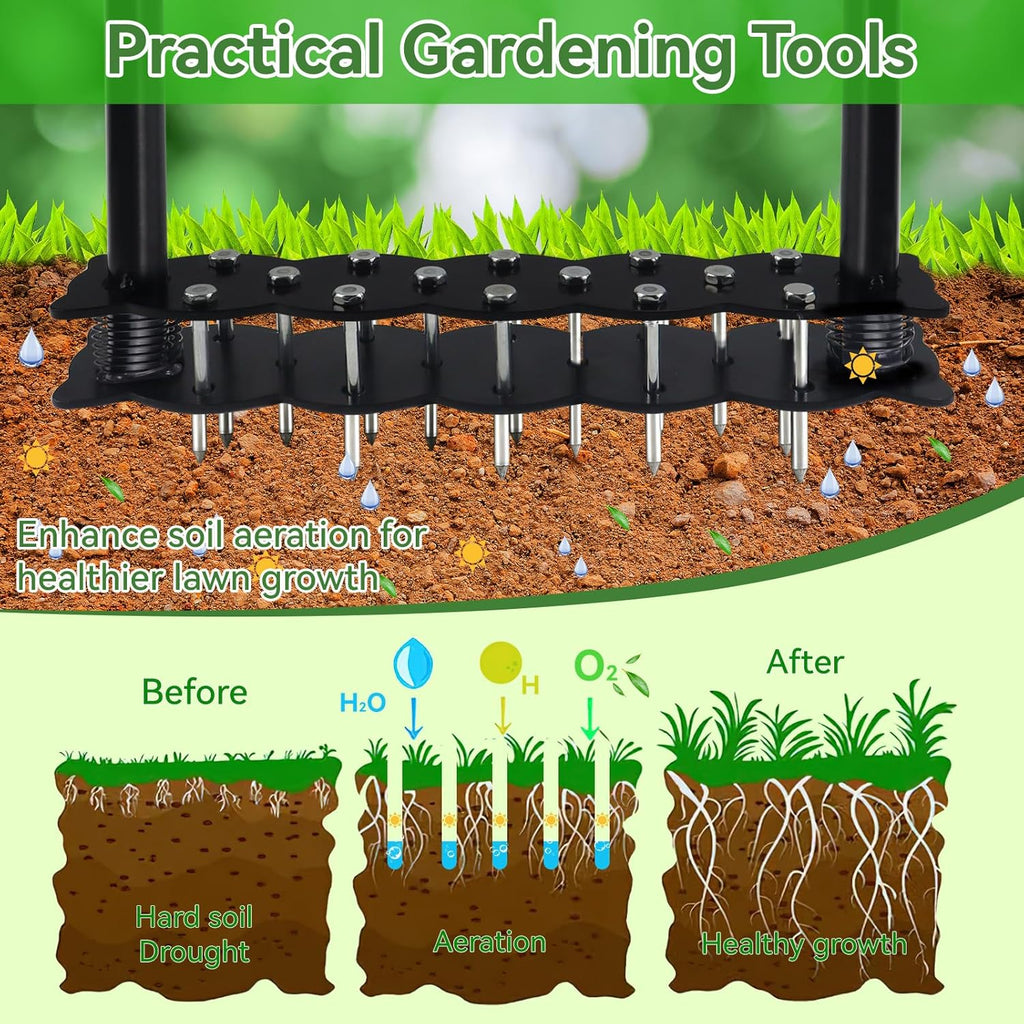 Lawn Aerator -Aerator Lawn Tool with 14 Iron Spikes, Automatic Dirt and Leaf Clean with Spring-Loaded Design, Height Adjustable Metal Manual Aerator, Soil Loosening, Yard Aerating, Garden Tool