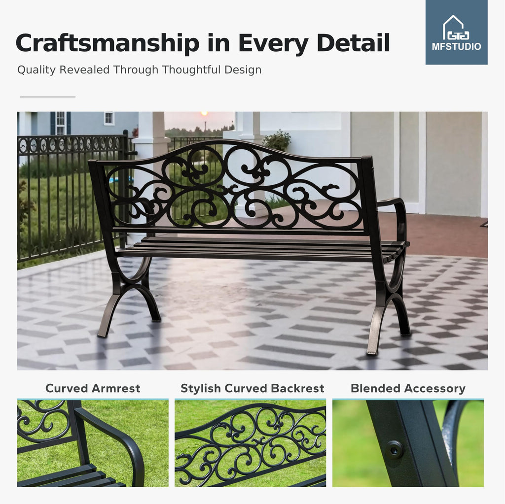 MFSTUDIO 50 Inches Outdoor Garden Bench Cast Iron Metal Frame, Floral Black