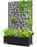 Metal Raised Garden Bed with Trellis, 2-in-1 Planter Box & Privacy Screen for Climbing Plants, Outdoor Standing Flower Bed with Drainage Holes, 47.2" L x 16.7" W x 70.8" H, Black-Helen