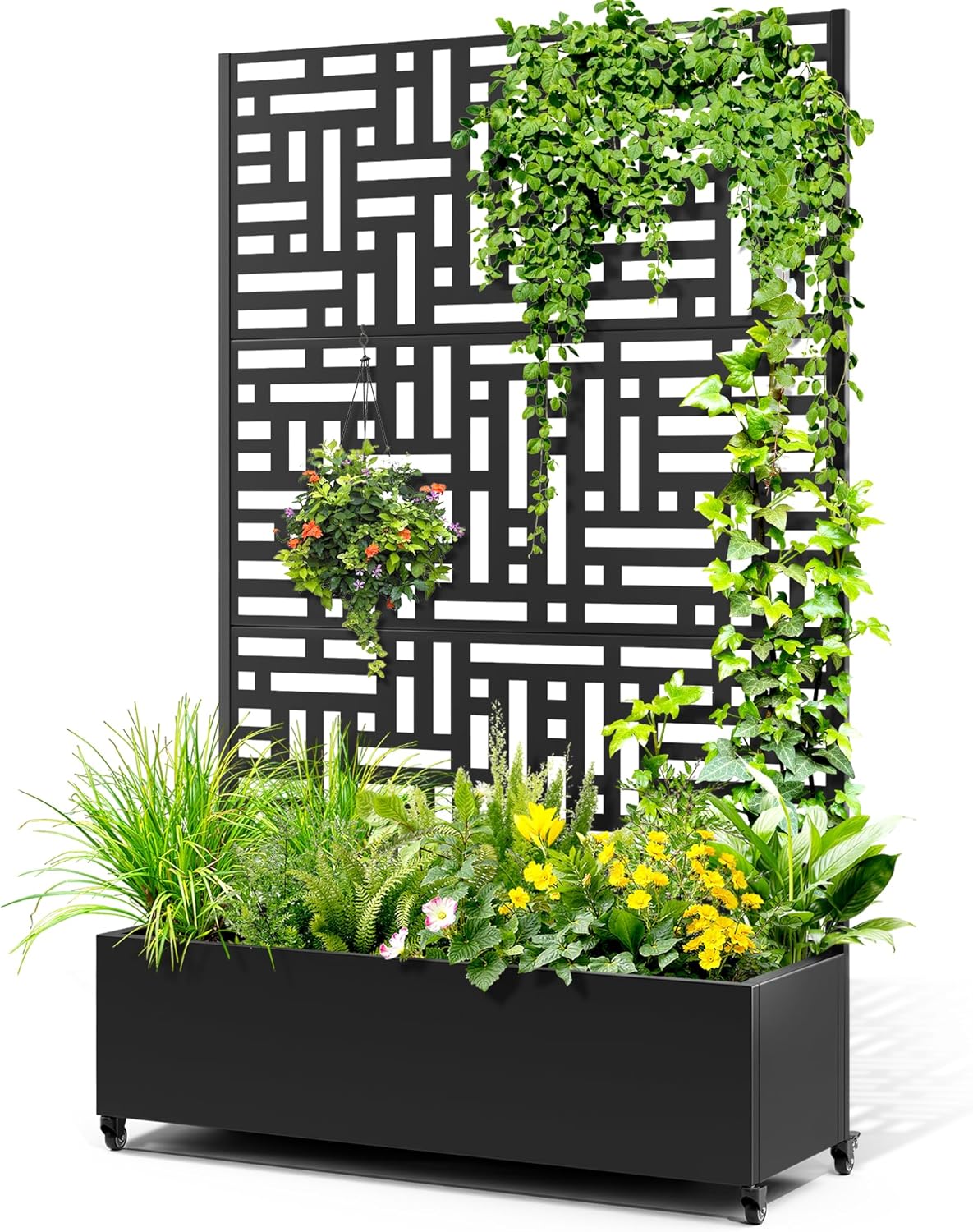 Metal Raised Garden Bed with Trellis, 2-in-1 Planter Box & Privacy Screen for Climbing Plants, Outdoor Standing Flower Bed with Drainage Holes, 47.2" L x 16.7" W x 70.8" H, Black-Helen