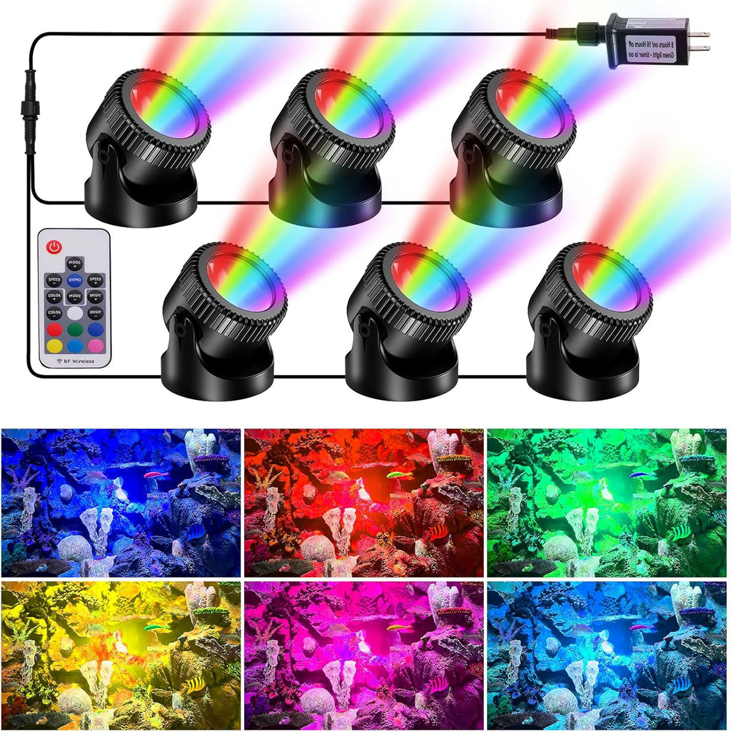 POPOSOAP RGB Underwater Pond Lights with Timer, 20 Colors Dimmable Submersible Led Fountain Lights with IP68 Waterproof, Support Remote Control for Outdoor Ponds Aquarium Garden Pool (6 Headlamps)
