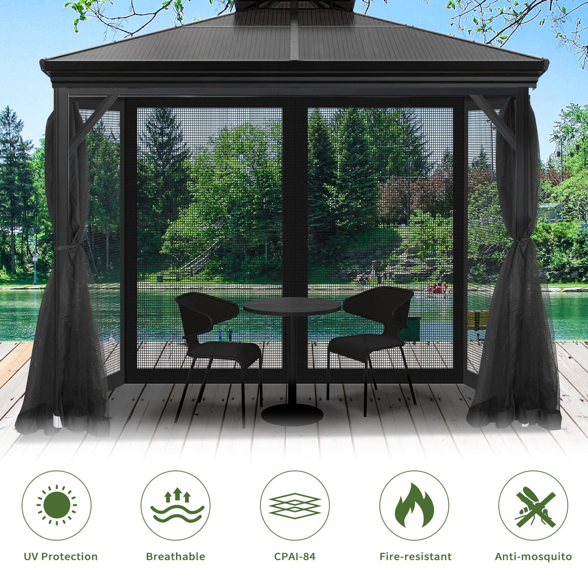 Gazebo Universal Replacement Mosquito Netting, 10' x 10' Outdoor Canopy Net Screen 4-Panel Sidewall Gazebo Curtains, with Zippers, Easy to Install, Fit for Most Gazebos 10x10 Canopy，Patio （Black）