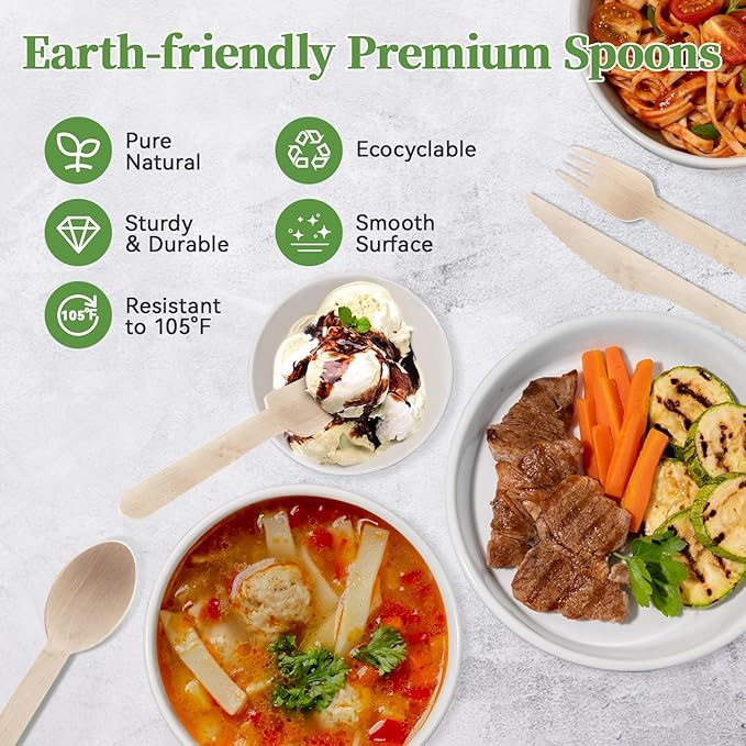 ECOLipak 300 Count Wooden Disposable Spoons, Compostable Wooden Spoons for Party, Camping, Traveling, Family Dinners