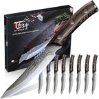 Steak Knives Set of 8, 4.8 Inch High-Carbon Japanese Stainless Steel Non-serrated Steak Knife with Wood Handle, Damascus Pattern Full Tang Design, Razor-Sharp Dinner Knives with Gift Box