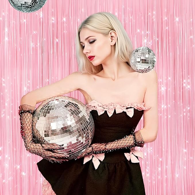 2Pack Pastel Pink Metallic Tinsel Foil Fringe Curtains, Pink Backdrop, Door Streamers Photo Booth Backdrop for Birthday Party, Tinsel Curtain Backdrop for Shower Bachelorette Xmas Party Decorations