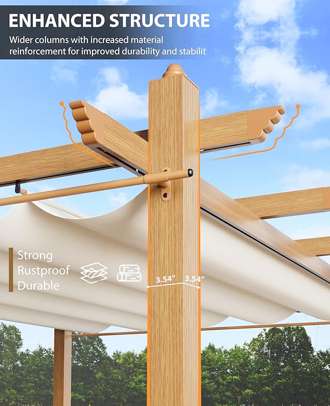 10x10 Ft Outdoor Retractable Pergola with Adjustable Roof Modern Metal Patio Gazebo, Upgraded Faux Wood Grain Aluminum Pergola for Deck, Backyard Gardens, Porches, Grapevines, Beige
