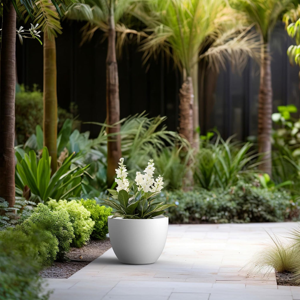 Kante 14.2 Inch Round Concrete Planter - Classic Large Indoor/Outdoor Plant Pot with Drainage Hole and Rubber Plug, Suitable for Gardens and Patios, White Finish with Aqua Blue Interior