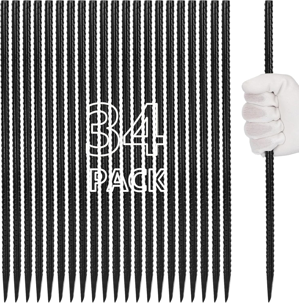 16 inches Rebar Stakes Heavy Duty (34-Pack) Metal Spikes for Concrete Timber, Garden Plant, Straight Steel Stakes for Tent, 3/8" Thickness Ground Anchors with Chisel Point End, Black