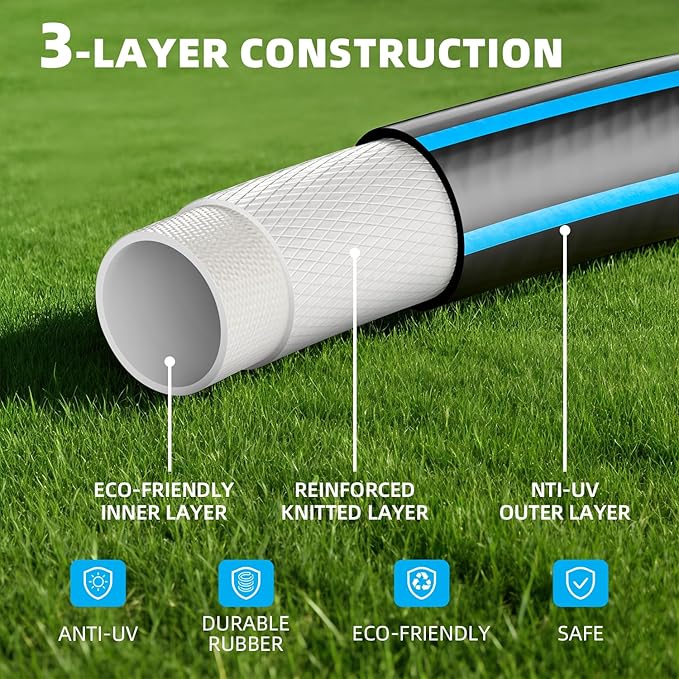 Heavy Duty Garden Hose 50FT: Water Hose With 10-Pattern Spray Nozzle - Durable Hose with Brass Connect Fittings 5/8" - High Pressure Hose for Outside Gardening Car Washing Watering
