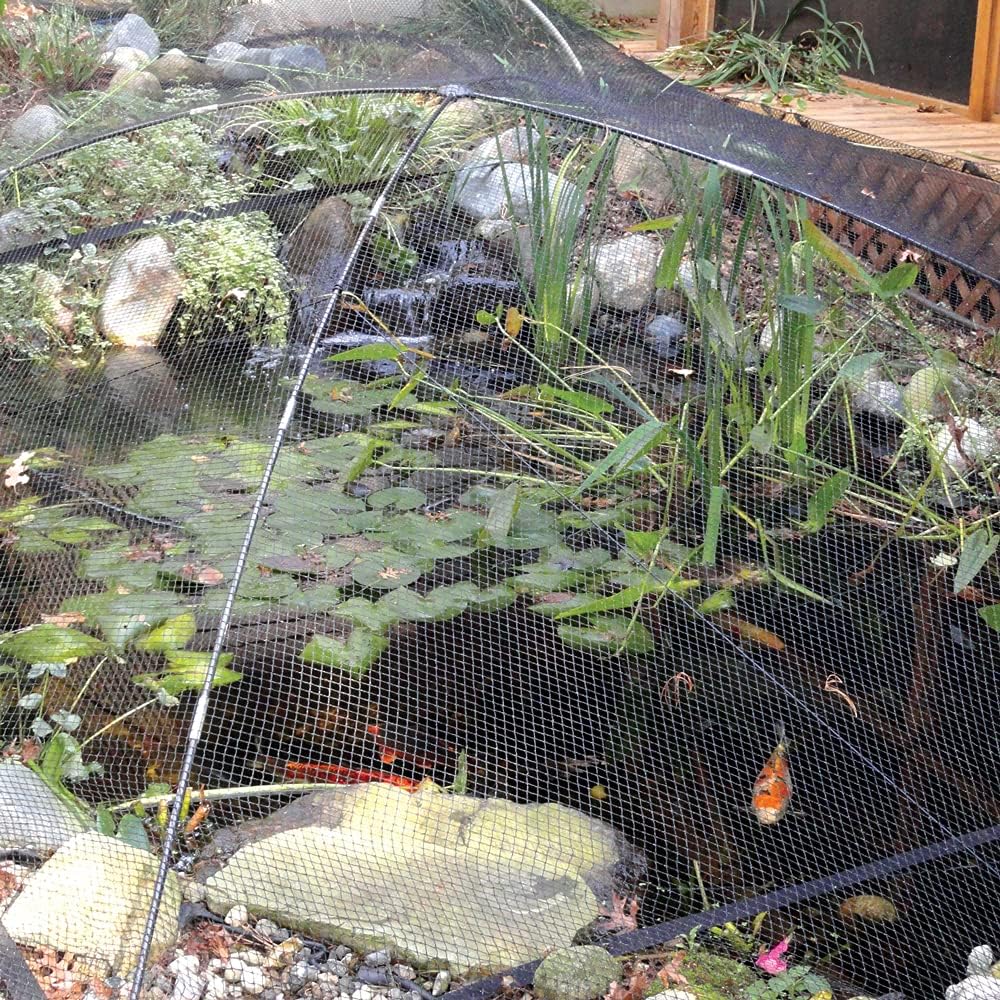 Koi Pond Netting for Leaves 10x10 Ft, 1/2 in Strong Woven Fine Mesh Pond Leaf Net Cover, Protecting Koi Fish from Herons, Raccoons, Birds, Cats & Predators, 10 Pcs Stakes Included