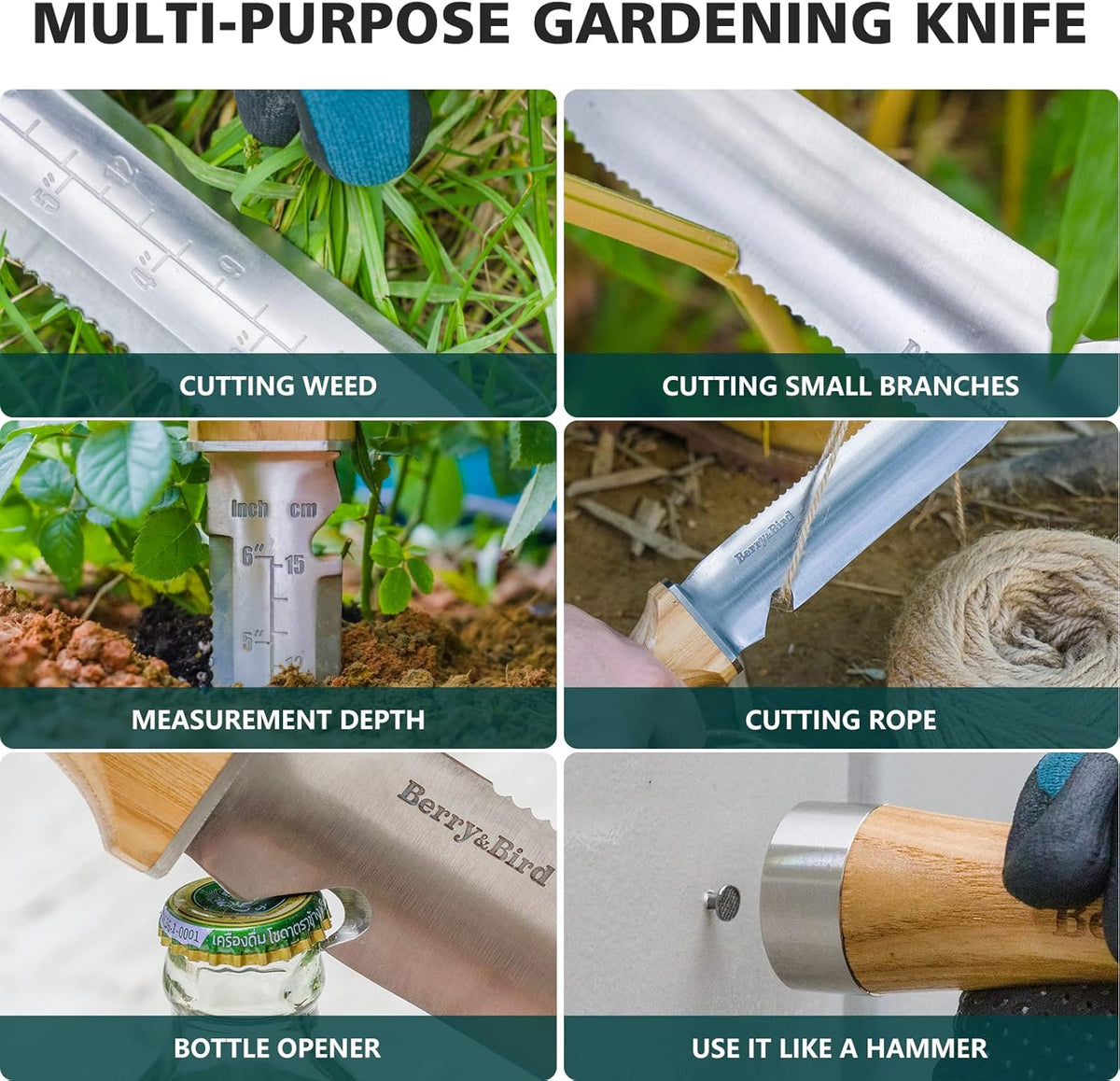 Berry&Bird Hori Hori Garden Knife, Multi-Purpose Gardening Knifes with 7" Stainless Steel Double Edge Sharp Blade, Soil Knife with Canvas Sheath, Full-Tang Garden Tools for Weeding Planting Digging