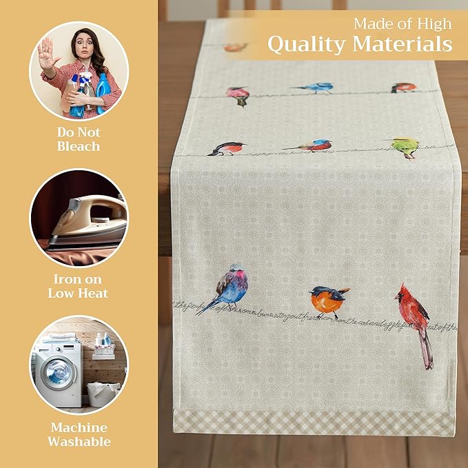 Maison d' Hermine Table Runner 100% Cotton Double Layer Table Runners 108 inches Long Decorative for Home Kitchen Dining Party Wedding Bridal Shower Spring Summer (Birdies On Wire, 14.50" x 108")